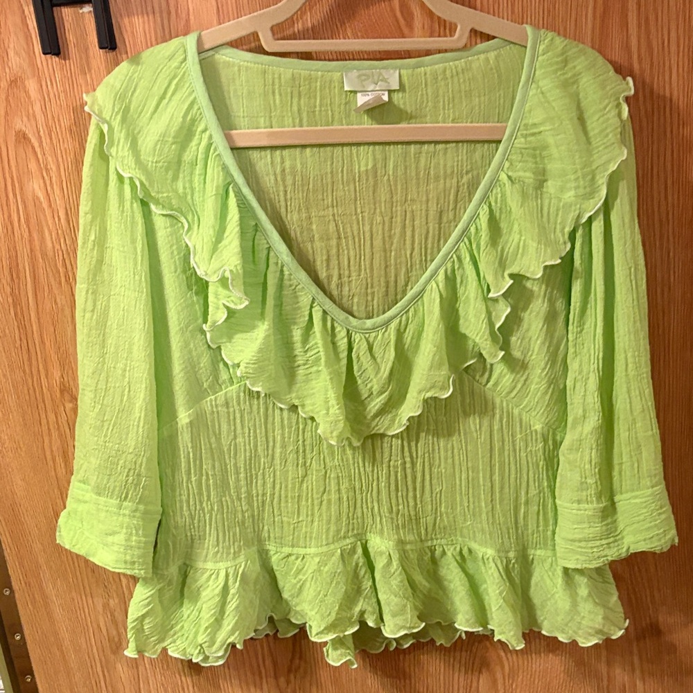 Elegant Lime Green Gauze Ruffled Blouse - Picture 2 of 6